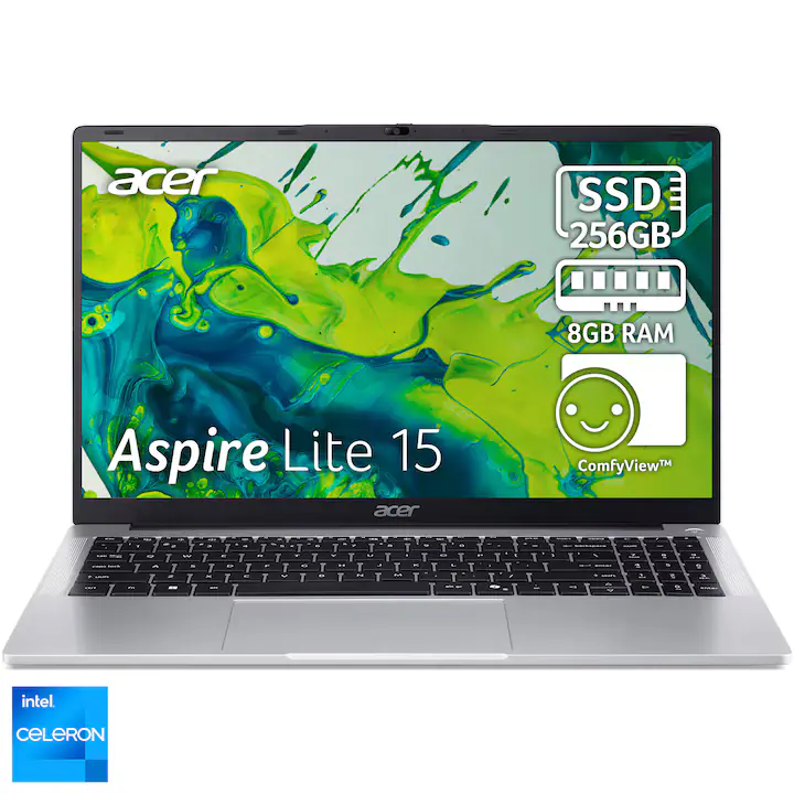 Laptop Acer Aspire Lite 15 AL15-32P-C49X cu procesor Intel® Celeron® N4500 pana la 2.8GHz, 15.6", Full HD, IPS, 8GB DDR4, 256GB SSD, Intel® UHD Graphics, NO OS, Silver