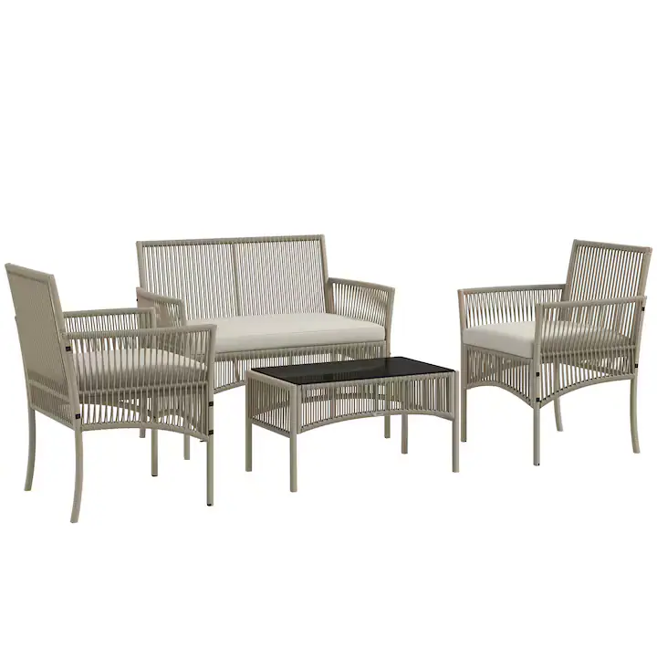 Set mobilier gradina, Outsunny, 4 piese, kaki si negru, rattan PE, structura din otel