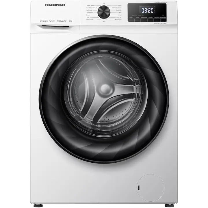 Masina de spalat rufe Heinner HWM-H9014INVA+++, 9 kg, 1400 rpm, Clasa A, Motor inverter, Display digital, Blocare acces copii, Alb
