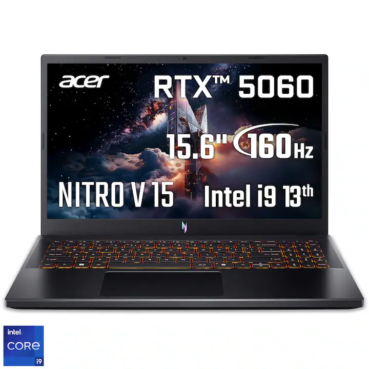 Laptop Gaming Acer Nitro V15 ANV15-52-95UT cu procesor Intel® Core™ i9-13900H pana la 5.40 GHz, 15.6" FullHD, IPS, 165Hz, 16GB DDR4 RAM, 512GB SSD, NVIDIA® GeForce RTX™ 5060 8GB GDDR7, No OS, Obsidian Black
