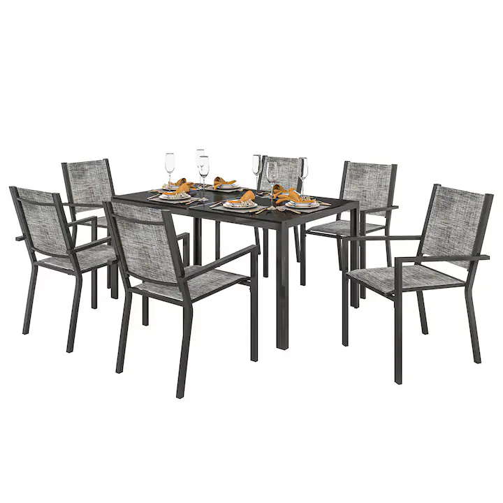 Set mobilier gradina, 7 piese, masa 150x90cm din lemn compozit, 6 scaune, Outsunny, gri si negru