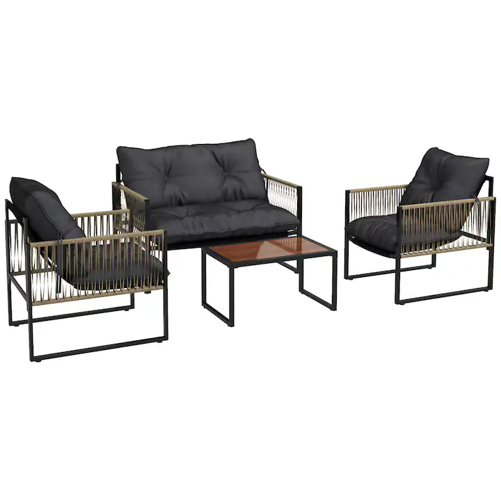 Set mobilier gradina Outsunny, ratan sintetic/otel/poliester, canapea, 2 scaune, masuta cafea cu blat sticla, gri/maro