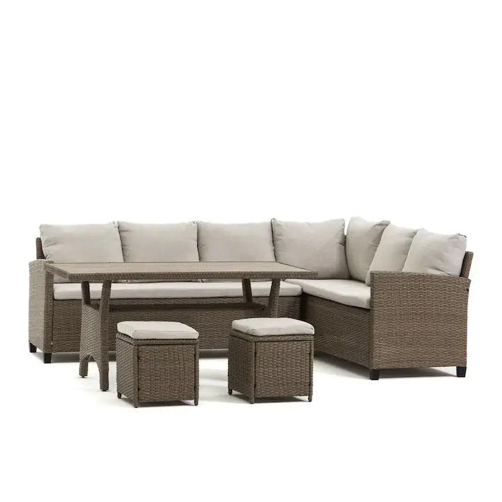 Set Mobilier Gradina FIRENZE - Coltar 7 Locuri, 2 Tabureti, Masa cu Blat din Polywood, Efect Rattan, Perne Incluse
