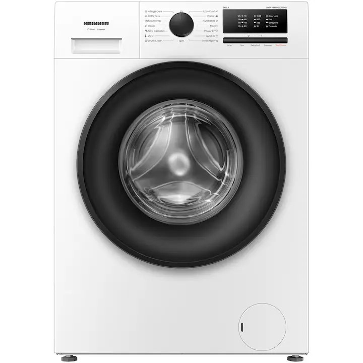 Masina de spalat rufe slim Heinner HWM-HMN6010IVSMA, 6 kg, 1000 RPM, Clasa A, Motor inverter, 15 programe, Program rapid 15 min, Program allergy steam, Program baby steam care, Functie adaugare rufe, Blocare acces copii, Alb