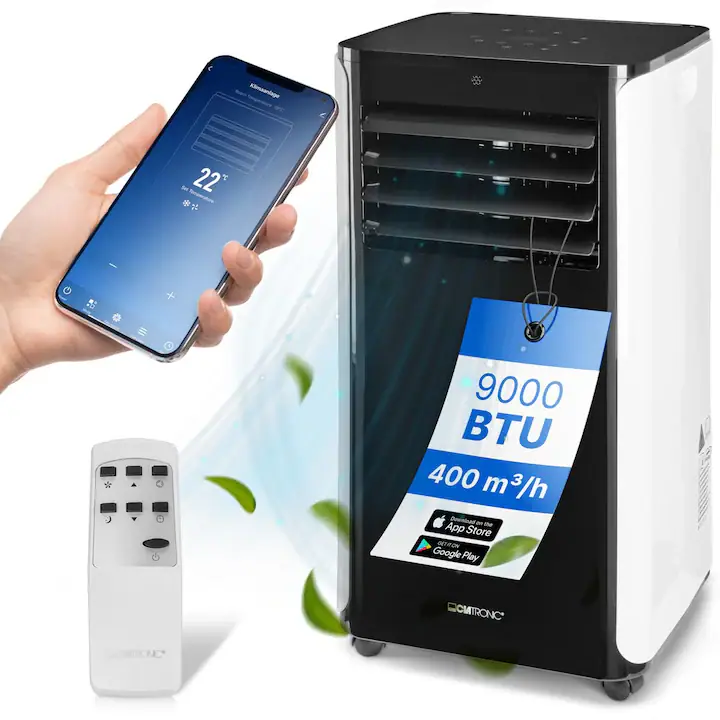 Aparat de aer conditionat portabil Clatronic, CL 3716, 9000 BTU, Wi-Fi, control vocal Amazon Alexa/Google Assistant, aer rece/dezumidificare/ventilatie, consum redus, clasa A, timer 24h, Sleep Mode, panou cu control touch, filtre detasabile, negru