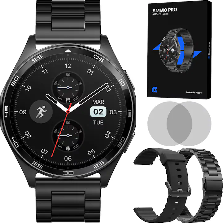 Ceas smartwatch barbati, Qualtec by Koppel®, ecran AMOLED 1.43", rezolutie 466x466, inteligent, fitness, sport, rezistent apa 3ATM, smart, notificari, wireless, apel Bluetooth, microfon HD, limba romana, curea metalica, 2 bratari incluse, AMMO PRO, negru