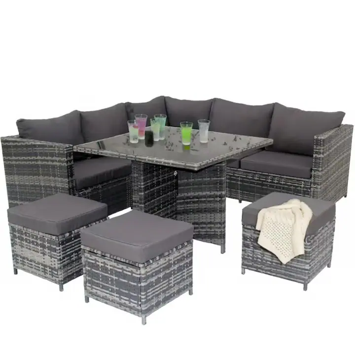 Mobilier de gradina DeHome® MG960G, 8 locuri, coltar, tabureti, masa patrata, culoare gri