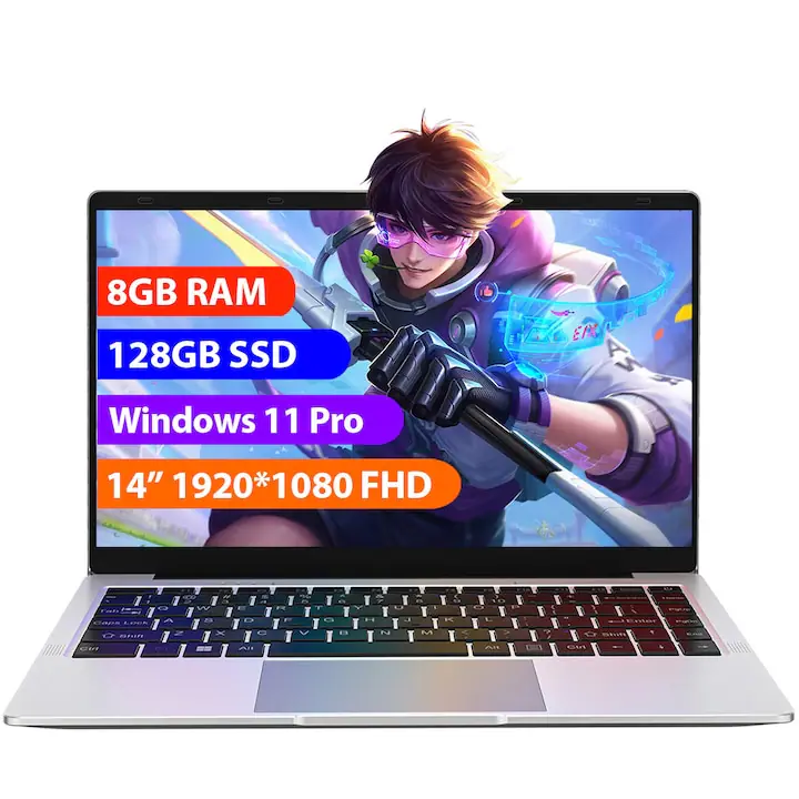 Laptop 14" cu procesor Intel Celeron J4105, 8GB RAM, 128GB SSD, 1920*1080 FHD, Windows 11 Pro, Intel® UHD Graphics 600, 5GHz Wifi, 5000mAh, Argintiu