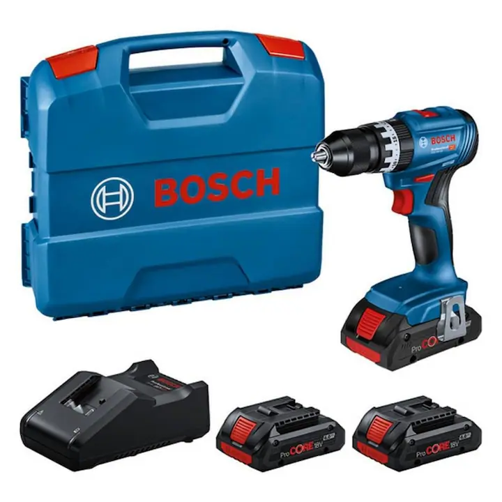Set cheie cu impact fara fir Bosch Professional GSB 18V-45 0615A5002U, 850W, 21/45 Nm, 500-1900 rpm, 4 Ah, 3 baterii, Carcasa, Albastru