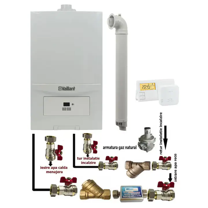 Pachet Centrala termica in condensatie Vaillant ecoTEC Pure VUW 236/7-2, 23 kw, murala, afisaj digital, schimbator caldura inox, kit de evacuare, termostat si fitinguri montaj