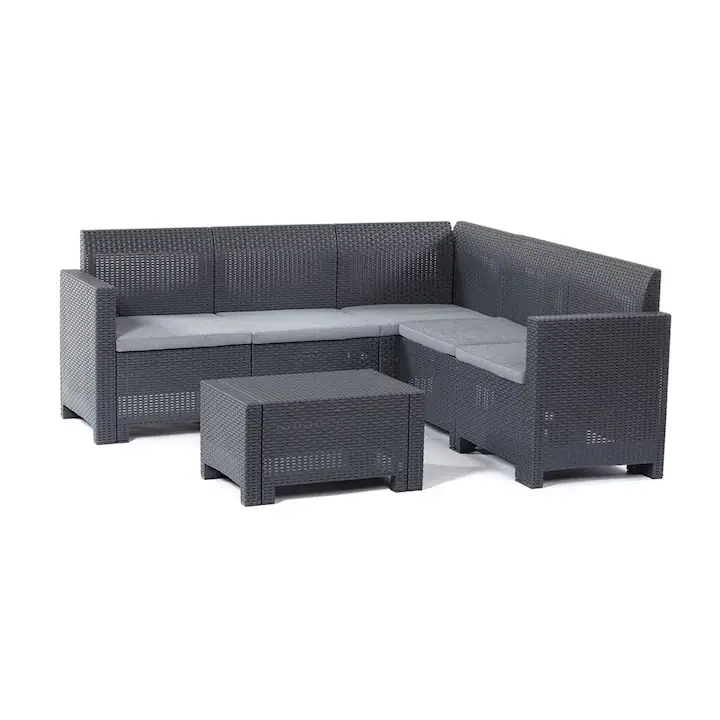 Set Mobilier Gradina ETNA - Coltar din Plastic cu Efect Ratan si Masuta de Cafea, Culoare Antracit, Perne Incluse