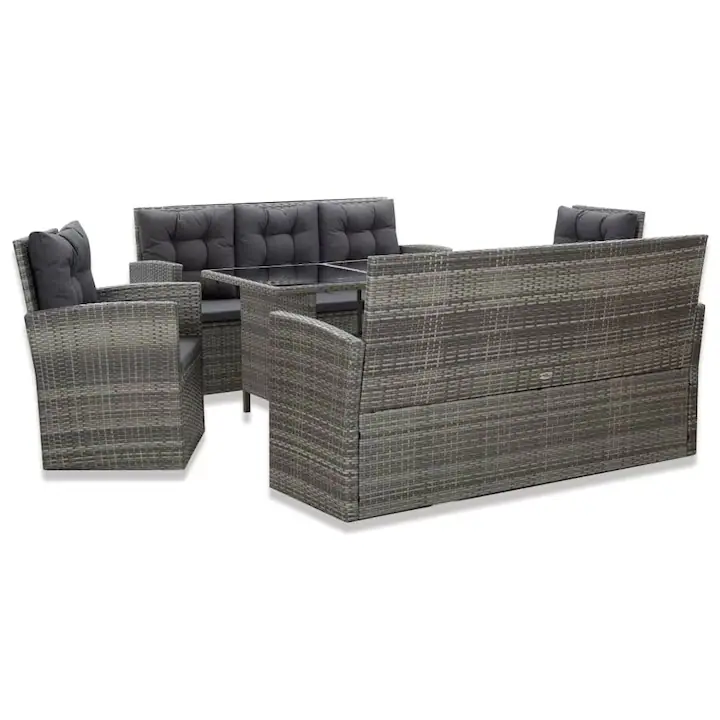 Set mobilier de exterior cu perne vidaXL, 5 piese, gri, poliratan, 72.5 kg
