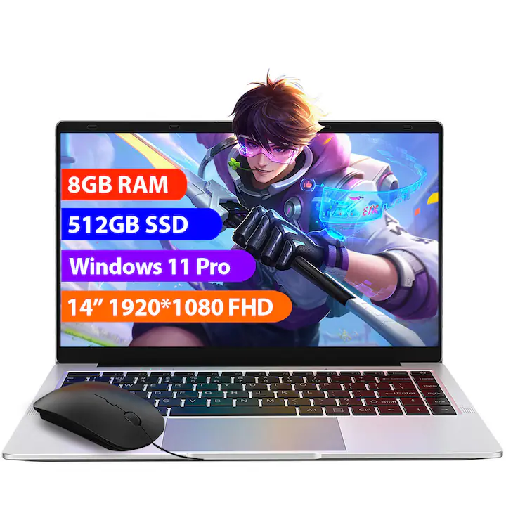 Laptop 14" cu procesor Intel Celeron N4120, 8GB RAM, 512GB SSD, 1920*1080 FHD, Windows 11 Pro, Intel® UHD Graphics 600, 5GHz Wifi, 5000mAh, Argintiu