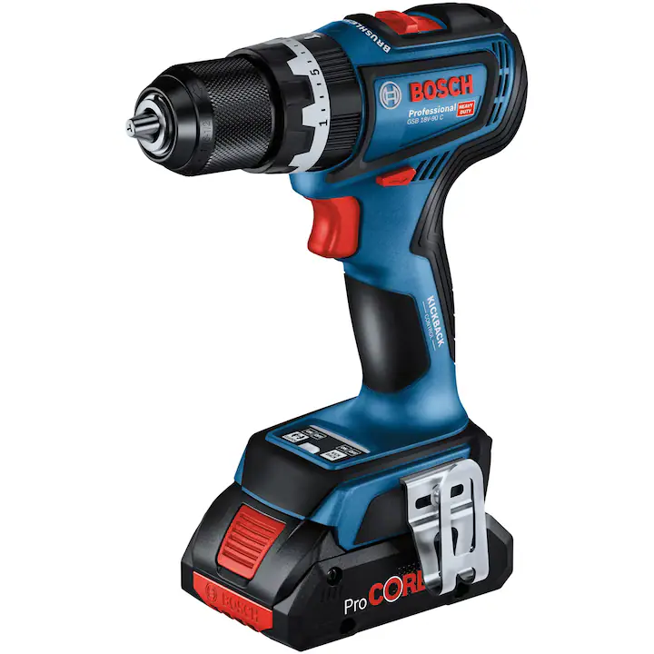 Masina de gaurit si insurubat (bormasina) pe acumulator Bosch Professional GSB 18V-90 C, 18 V, 64 Nm, 2100 RPM, 13 mm mandrina, 2 acumulatori, incarcator, valiza L-Boxx