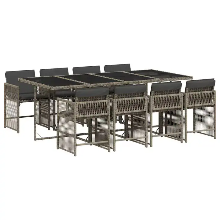 Set masa si scaune gradina vidaXL, 17 piese, cu perne, gri, poliratan, 220x106x73cm