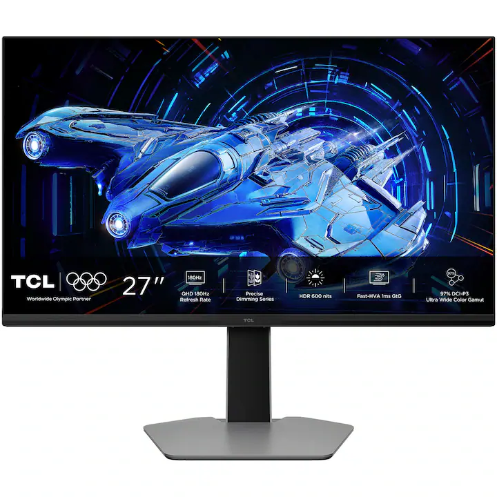 Monitor Gaming QD-Mini LED TCL 27G64, 27", QHD (2560x1440), Fast-HVA, 180Hz, 1ms GTG, AMD FreeSync™, G-Sync™ Compatible, HDR600, Flicker Free, Low Blue Light, 2x HDMI 2.1, DisplayPort 1.4, Jack, VESA 100x100mm, Pivot, Negru/Gri