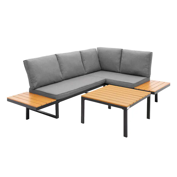 Set mobilier de gradina/terasa pentru exterior ML-Design 3 piese cu masa de cafea si perne incluse, aspect lemn gri, canapea de 3 locuri, fotolii combinabile, rezistente la intemperii