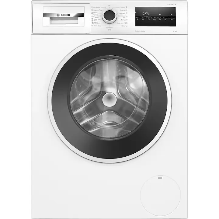 Masina de spalat rufe Bosch WAN2826SBY, 8 Kg, 1400 RPM, Iron Assist, Hygiene Plus, EcoSilence Drive, Control electronic/touch, Speed Perfect, program Dark colors, Clasa A, 60 cm, Alb/antracit
