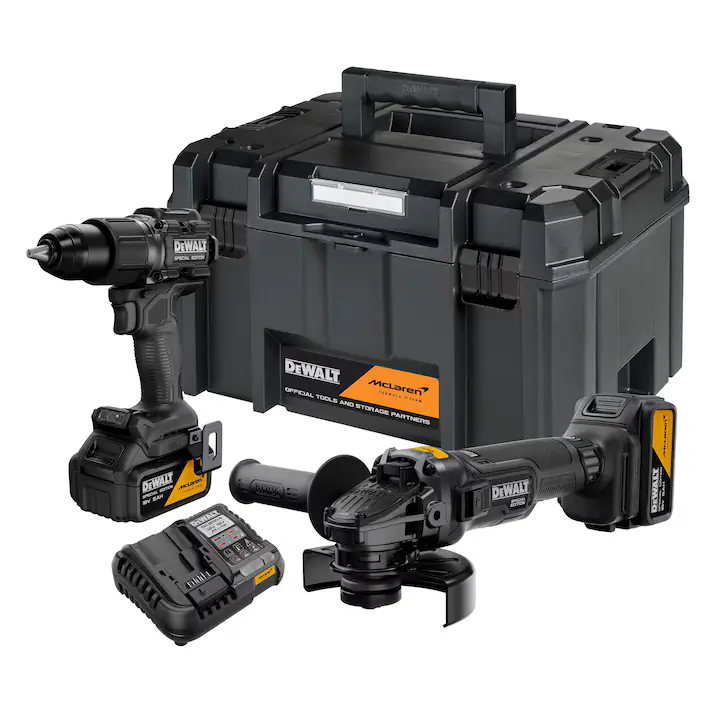 Set 2 scule profesionale pe acumulator DeWALT DCK2223MP2T, 18V XR, editie speciala McLaren, motor fara perii, masina de gaurit cu percutie DCD86M si polizor unghiular DCG45M, 2x acumulator Li-Ion 5 Ah, incarcator rapid, cutie transport TSTAK