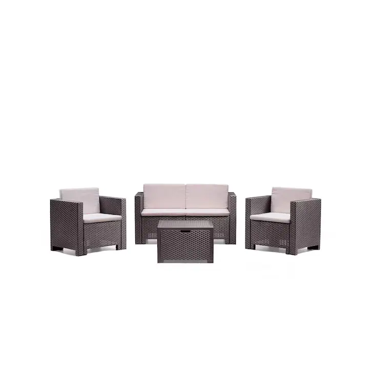 Set mobilier gradina/terasa Colorado, canapea 2 locuri + 2 fotolii + masuta depozitare, perne incluse, maro