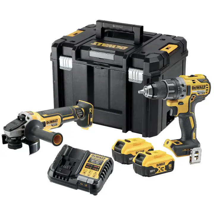 Set scule cu acumulator, DeWalt, masina de gaurit si insurubat 70Nm, mandarina rapida, 460W, 2000 rpm, cu polizor unghiular 9000 rpm, disc 125 mm, M14, cu 2 acumulatori, 18 V, 5 Ah, cu valiza