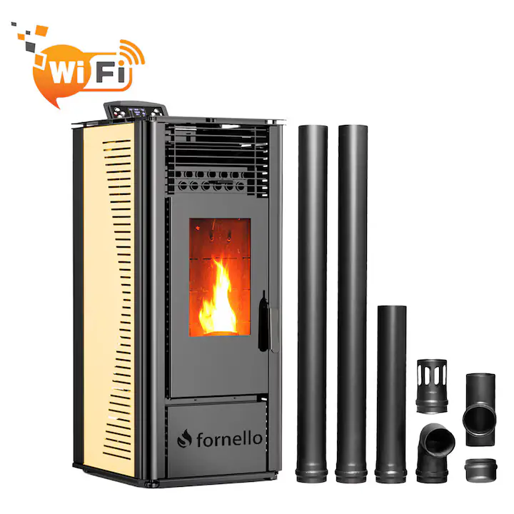 Pachet pentru incalzire format din Semineu (soba) pe peleti cu tiraj fortat Fornello SOPHIA WI-FI 11 kw, kit de evacuare 2,5 metri, telecomanda, Wi-fi, culoare Ivory