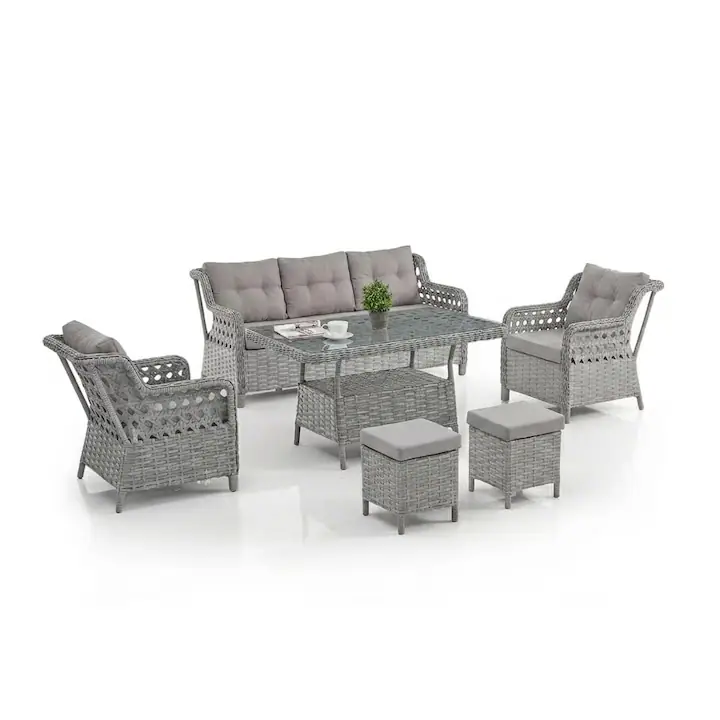Set mobilier de gradina Cappadocia, 7 locuri, masa, canapea, fotolii, tabureti, Gri