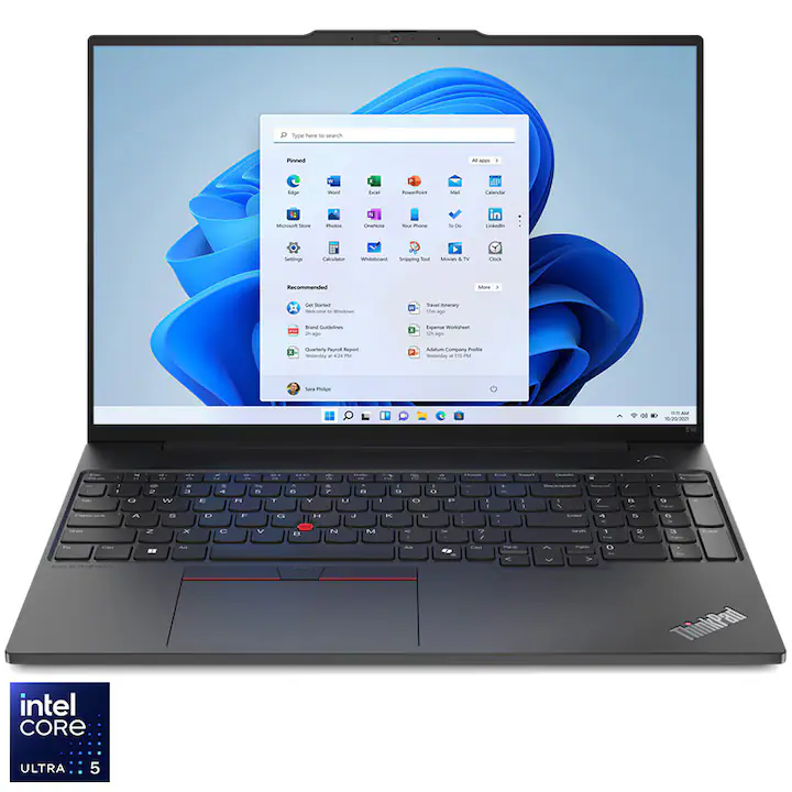 Laptop Lenovo ThinkPad E16 Gen 2 cu procesor Intel® Core™ Ultra 5 125U pana la 4.3GHz, 16" WUXGA, IPS, 16GB DDR5 RAM, 512GB SSD, Intel® Graphics, Windows® 11 Pro, Black, 3Y Onsite upgrade