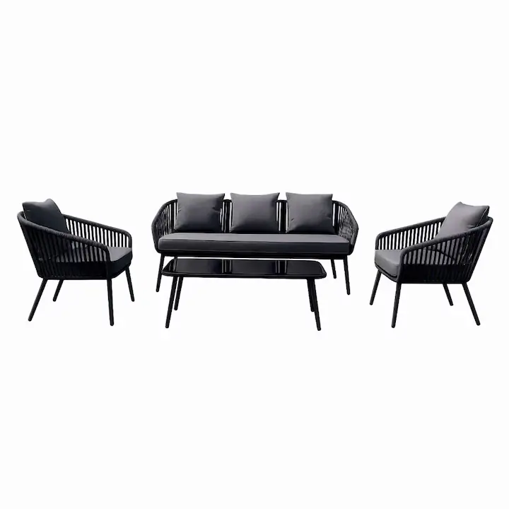 Set mobiler terasa/gradina din aluminiu KLUGMEISTER KJF10537, canapea + doua fotolii + masa din sticla (perne incluse), culoare gri