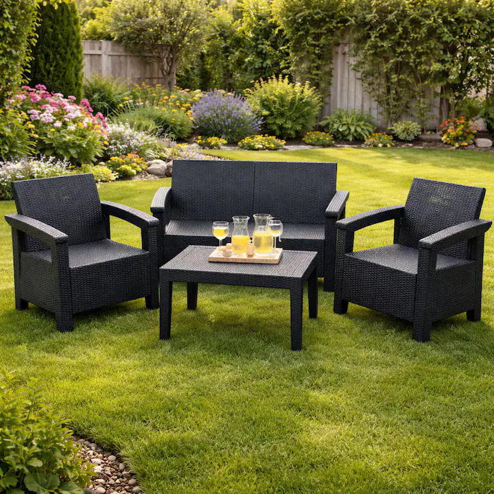 Set Mobilier de Gradina idealSTORE BellaVita, cu Canapea, 2 Fotolii, si o Masa, Aspect Ratan, Asamblare Simpla fara Suruburi, Modular, Constructie Solida si Durabila, Culoare Antracit