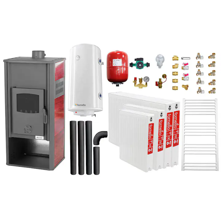 Set incalzire si apa calda pentru 3 camere Termosemineu pe lemne, brichete si carbune Fornello Roma E, Bordeaux, 22 kW, 49x45x103 cm, boiler termoelectric 100l, vas expansiune, pompa circulatie, kit evacuare, calorifere si kit montaj