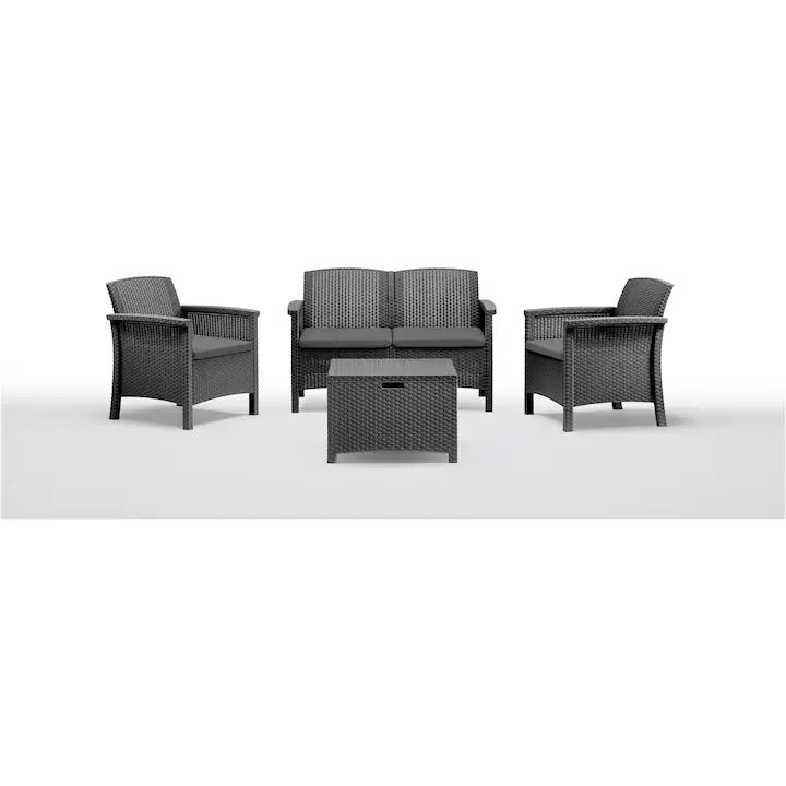 Set mobilier gradina/terasa Venetia, canapea 2 locuri, 2 fotolii, masuta depozitare, astpect ratan, polipropilena, perne incluse, grafit