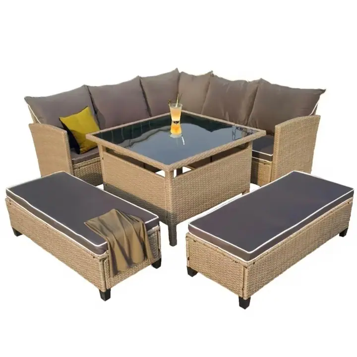 Set mobilier de gradina DeHome® Zafir 1000 Coffee, 9 locuri, coltar, bancute, masa patrata, culoare coffee