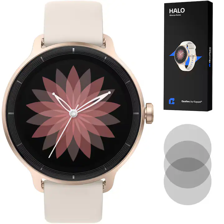 Ceas smartwatch dama, Qualtec by Koppel®, inteligent, smartwatch femei, fitness sport, ecran rotund 1.27", fluid, numarat pasi, rezistent apa, ceas telefon Android/iPhone, notificari, apel Bluetooth 5.3, microfon HD, limba RO, folii protectie, HALO, gold