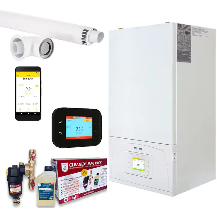 Set Centrala termica Motan Condens plus 200 AI, 25/28kw, 7 ani garantie, Inteligenta Artificiala, Termostat SMART si pachet AntiMagnetita cleanex