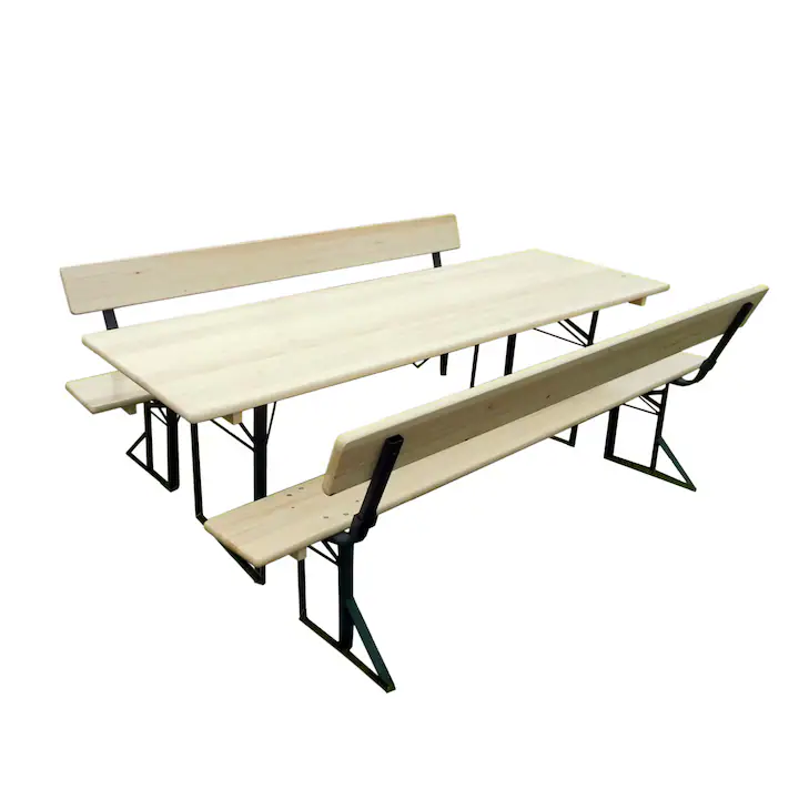 Set berarie STANDARD, cu spatar, din lemn masiv de rasinos, 220x70 cm, pentru terasa sau gradina, o masa si doua banci cu spatar, culoare natur