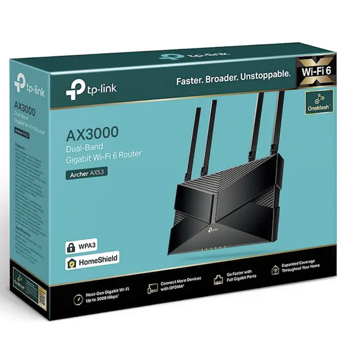 Router wireless TP-Link Archer, Wi-Fi 6, Dual-Band, WPA 3 pentru siguranta cibernetica, viteze de 3GB/ secunda, 2.4/5 GHz, 2402 + 574 Mbps, 4 antene, comutator ON OFF, optiune control parental