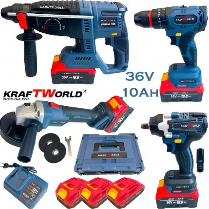 Trusă scule electrice KraftWorld, 4 unelte, 36V, 2-3 acumulatoare, cu valiză de transport