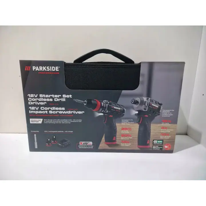 Set scule Parkside, ciocan impact si bormasina, 12V, 2 acumulatori, geanta