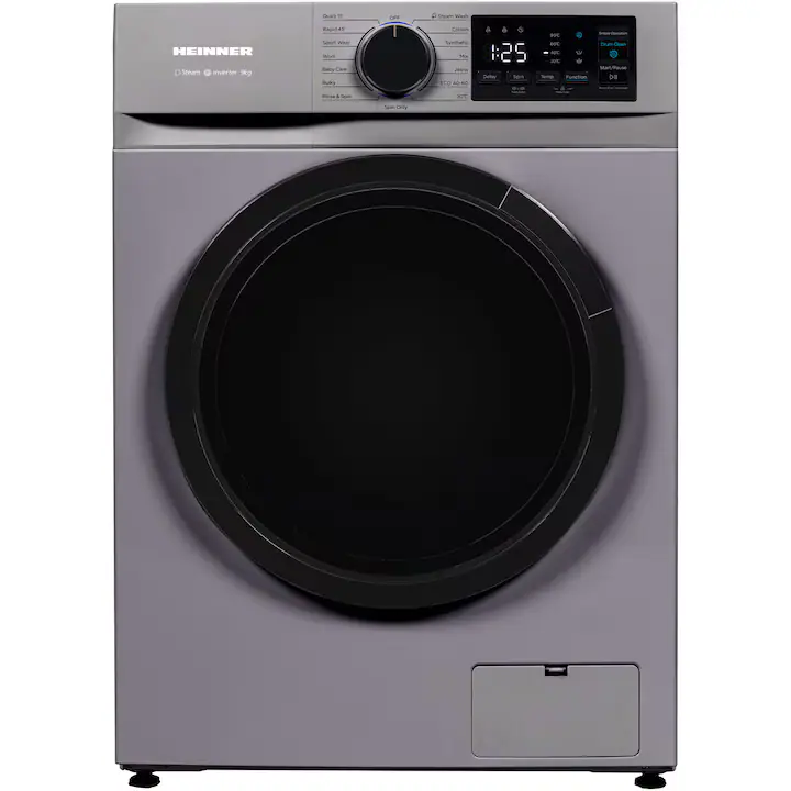 Masina de spalat rufe slim Heinner HWM-M914IVNSA+++, 9 kg, 1400 rpm, Clasa A, Motor inverter, Display digital, Blocare acces copii, Program baby care, Clatire suplimentara, Argintiu