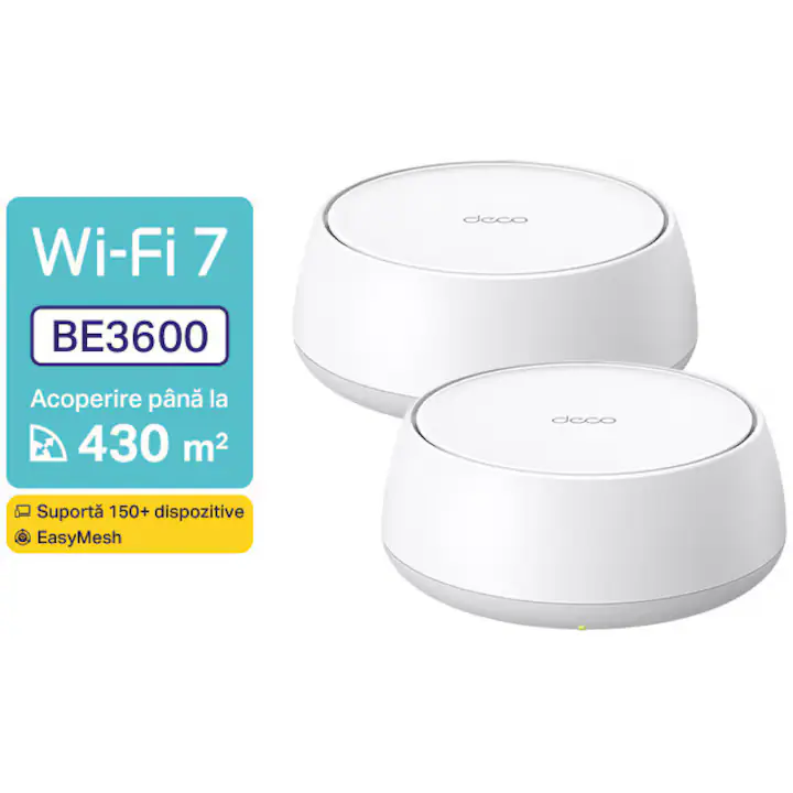 Sistem Wi-Fi Mesh TP-Link Deco BE25(2-pack), BE3600, Wi-Fi 7, Dual-Band, porturi : 2 x 2.5 Gbps, compatibil Alexa si Google Assistant, HomeShield - control parental