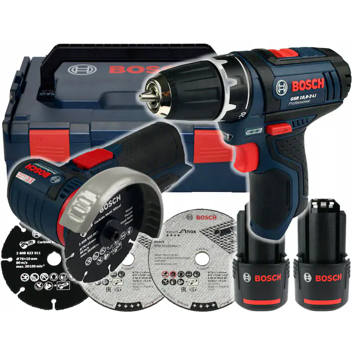 Set 2 unelte electrice cu acumulator 12V, GSR 12V-15, GWS 12V-76, 2 acumulatori 3,0Ah, L-BOXX 102