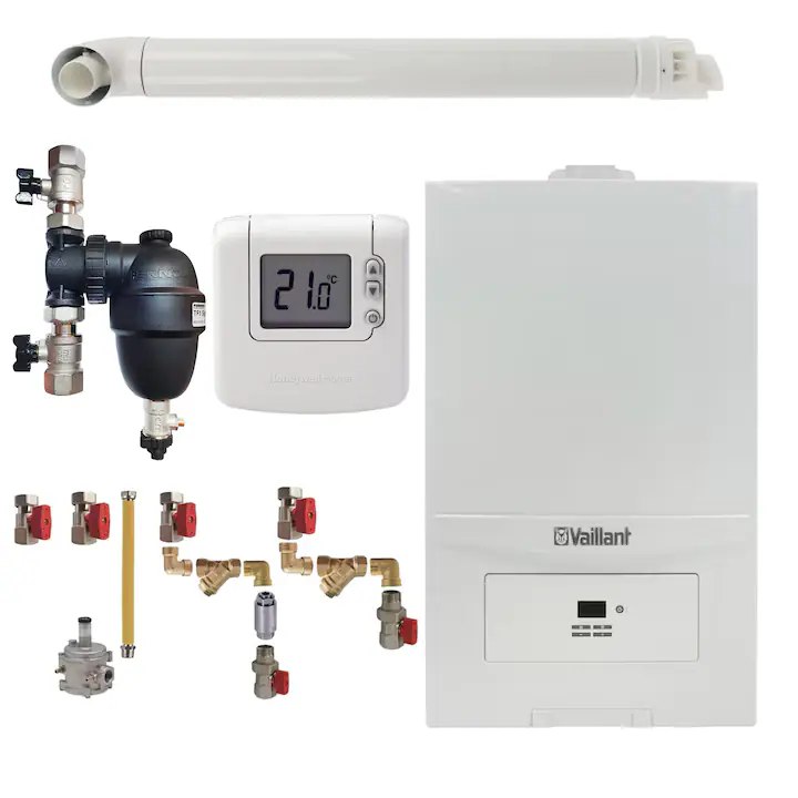 Pachet centrala termica Vaillant VUW 236/7-2 ecoTEC Pure 23 kW, gaz natural + GPL, murala, termostat Honeywell wireless DT92, filtru antimagnetita Fernox F1 Sigma, kit montaj complet RTM si kit evacuare RTM incluse