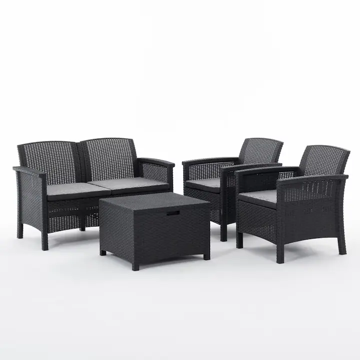 Set gradina / terasa masa multifunctionala 60x54x41 cm, canapea 117x64x75 cm, si 2 scaune 63, 5x64x75 cm, TROPEA, Rattatan, Antracit, polipropilena, cu perne incluse, 4 locuri