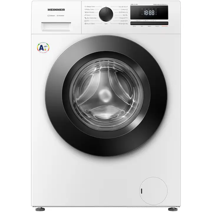 Masina de spalat rufe HEINNER HWM-HME1014IVA10+++, 10 KG, 1400 RPM, Clasa A-10%, MOTOR INVERTER, Display digital, Program Allergy steam, Alb
