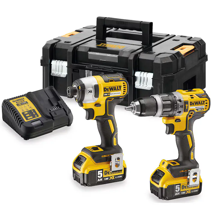 Set 2 scule profesionale pe acumulator DeWALT DCK266P2T, 18V XR, motor fara perii, masina de gaurit cu percutie DCD796, masina de insurubat cu impact DCF887, 2x acumulator Li-Ion 5 Ah, incarcator rapid, cutie transport TSTAK