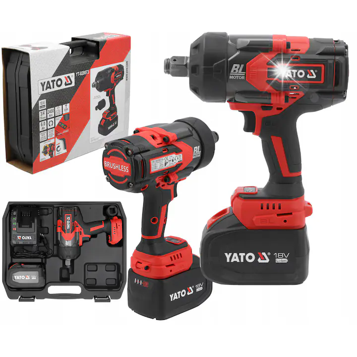 Cheie cu impact Yato YT-828073 fara perii, 18V, cuplu max. 2400 Nm, priza 3/4'' (19 mm), pentru suruburi M18-M36, rosu/negru, 1 x acumulator 6.0 Ah