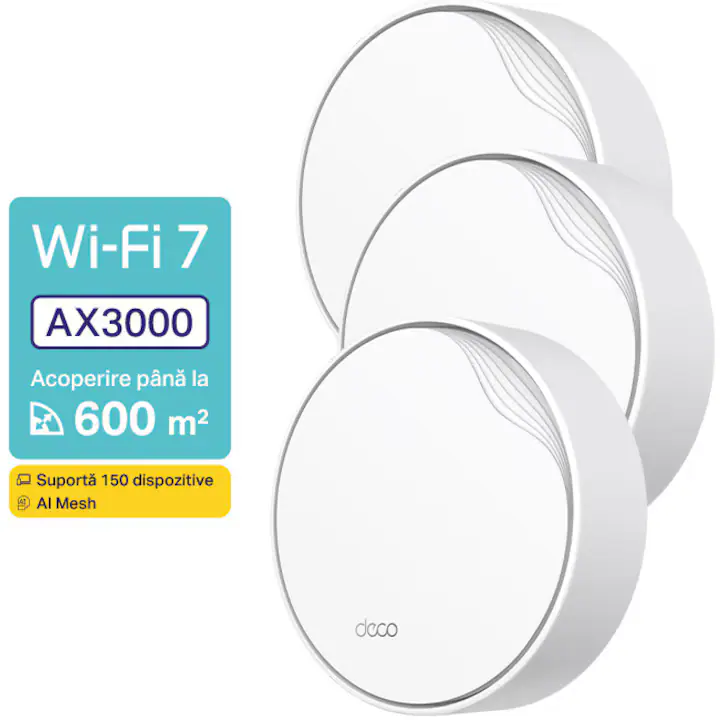 Sistem Wi-Fi Mesh TP-Link Deco X50-PoE(3-pack), Dual-Band AX3000 cu suport PoE, 1 x 2.5 Gbps port + 2 x Gigabit, cu acoperire completa pentru casa, Seamless Roaming, Antivirus, Control Parental si Control Vocal