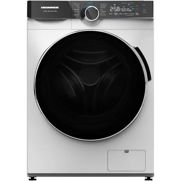 Masina de spalat rufe slim cu uscator Heinner HWDM-M814IVKA, Spalare 8 kg, Uscare 6 kg, 1400 rpm, Clasa A, Motor Inverter, Display LED, Control Touch, Alb