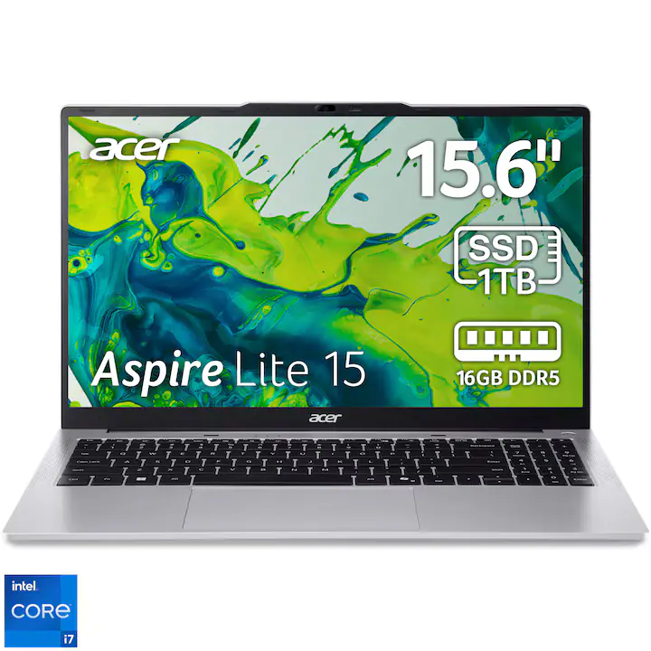 Laptop Acer Aspire Lite 15 AL15-72P-71X1 cu procesor Intel® Core™ i7-13620H up to 4.90 GHz, 15.6'', Full HD, IPS, 16GB DDR5 RAM, 1TB SSD, Intel® UHD Graphics, No OS, Pure Silver